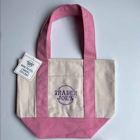 Trader Joe's Pink & Cream Mini Canvas Tote with Mochi Minster Keychain Bundle - Picture 2 of 6